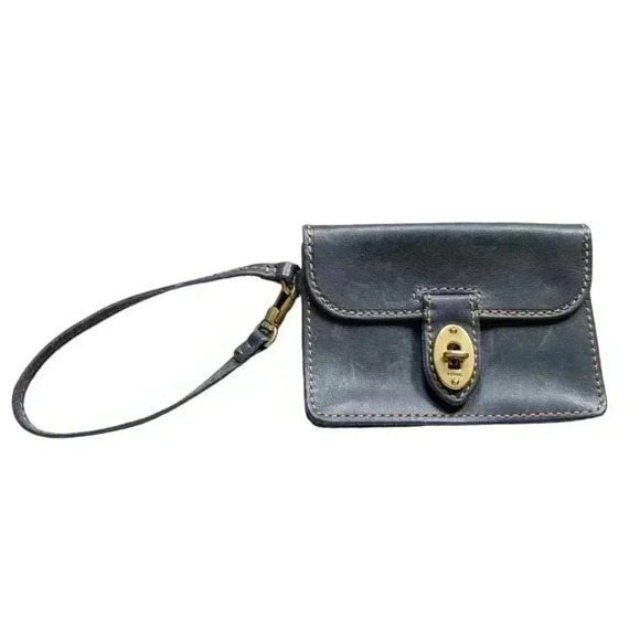 Fossil Austin Wristlet Purse Turn Lock Leather Black Brass Unisex Women One Size - Picture 2 of 15